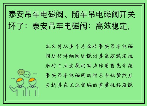 泰安吊车电磁阀、随车吊电磁阀开关坏了：泰安吊车电磁阀：高效稳定，助力工业发展