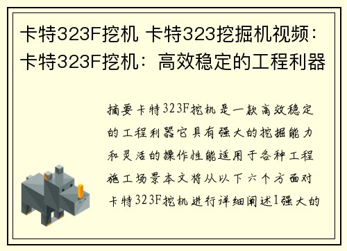 卡特323F挖机 卡特323挖掘机视频：卡特323F挖机：高效稳定的工程利器