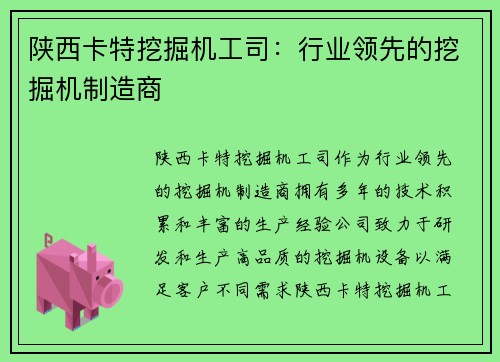 陕西卡特挖掘机工司：行业领先的挖掘机制造商