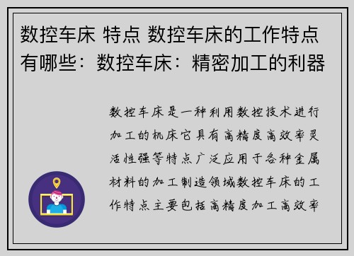 数控车床 特点 数控车床的工作特点有哪些：数控车床：精密加工的利器